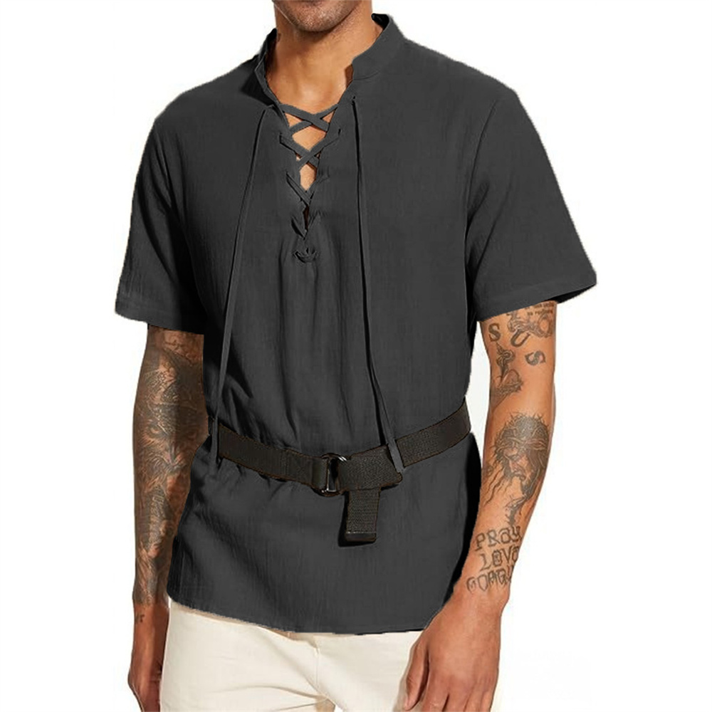 Short Linen Drawstring - Męska koszulka z dekoltem w serek,