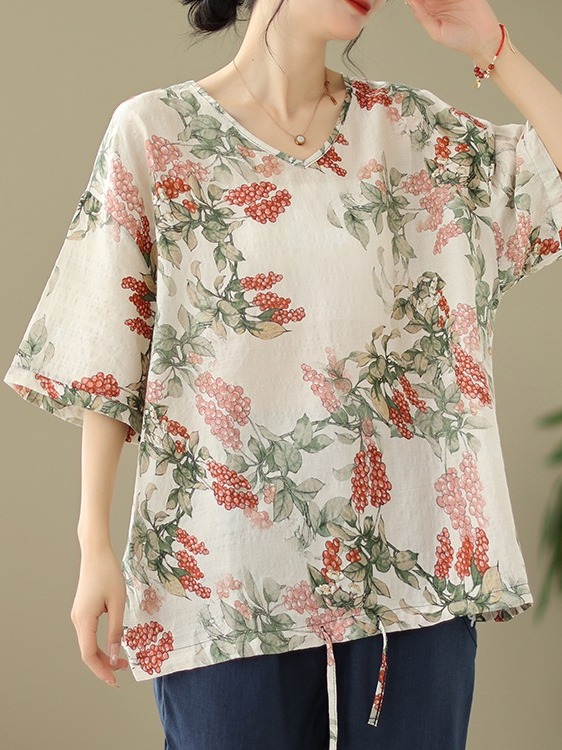 Letnia luźna koszulka z bawełn – Short Linen Drawstring recenzja i cena